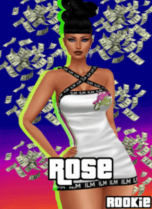 a woman in a white dress stands in front of a pile of money with the name rose rookie