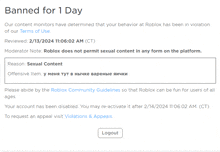 a screenshot of a banned for 1 day page from roblox