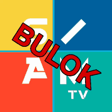 a colorful logo for bulok tv with a white arrow