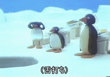 three penguins are standing next to each other in the snow with chinese writing .