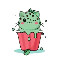 a green cat is sitting in a red bucket with a drop of liquid coming out of it