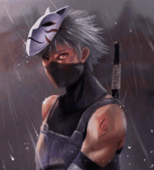 a man wearing a mask and a sword in the rain