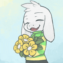 a drawing of a goat holding a bouquet of flowers