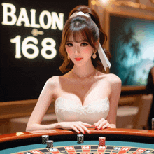 a woman playing roulette in front of a sign that says ballon 168