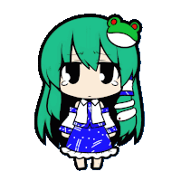 a cartoon girl with green hair and a frog on her head