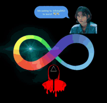 a rainbow colored infinity symbol with a speech bubble saying me waiting for infinity dao to launch