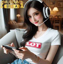 a woman wearing headphones and a white shirt with the word sot on it