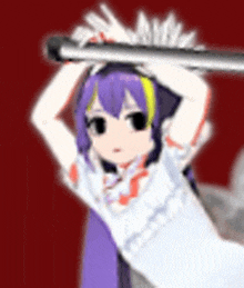 a cartoon girl with purple hair and a white dress is holding a sword over her head .