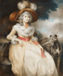 a painting of a woman in a white dress and a hat