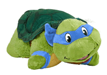 a stuffed turtle with a blue arm and a green shell