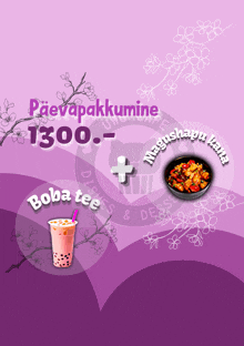 a purple background with boba tea and a bowl of food on it