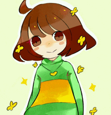 a drawing of a girl with a green and yellow shirt