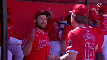 a group of baseball players are standing in a dugout and one of them has the number 16 on his back