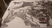 a drawing of a wolf and a tiger with a wolf silhouette in the background