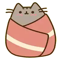 a cartoon cat is wrapped in a pink and white blanket