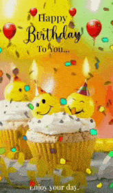 a happy birthday to you greeting card with cupcakes and balloons