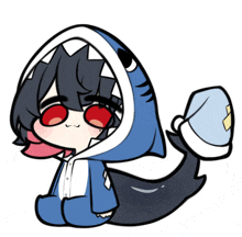 a cartoon drawing of a girl wearing a shark costume