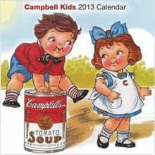 a boy and girl are playing with a can of campbell 's tomato soup .