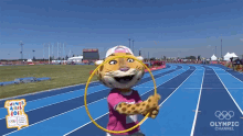 a cheetah mascot is holding a yellow hula hoop on a track