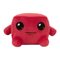 a stuffed red cube with big eyes and a serious face