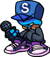 a cartoon character wearing a blue hat with a letter s on it