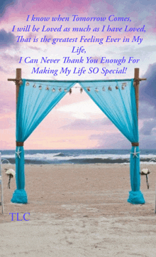 a blue canopy on a beach with a quote from tlc