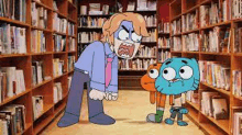 gumball and darwin are standing in a library with a man standing next to them .