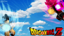 a dragon ball z poster with a blue sky and clouds