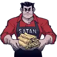 a cartoon character with an apron that says satan on it