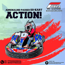 an ad for forza go karting shows a person in a go kart