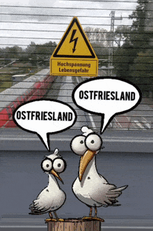 a cartoon of two birds with speech bubbles that say ostfriesland