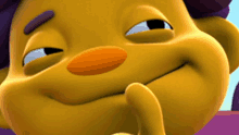 a close up of a cartoon character 's face with his hand on his chin