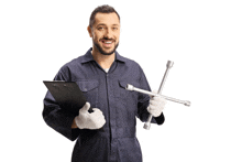 a man holding a clipboard and a wrench in his hands