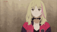 a blonde anime girl wearing a choker and a red jacket is shown in a screen shot from animeflv.net