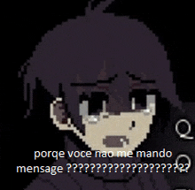 a pixel art of a boy with purple hair and the words porque voce nao me mando mensage