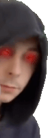 a close up of a person wearing a black hoodie with red eyes