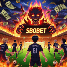 soccer players standing in front of a sbobet sign