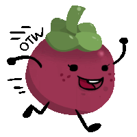 a cartoon illustration of a mangosteen with arms and legs and the words otw written around it