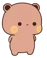 a brown teddy bear with a yellow nose is standing with its hands in its pockets .