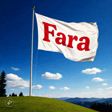 a large white flag with the word fara in red letters