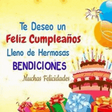 a birthday card in spanish with a cake , balloons and gifts