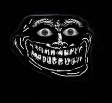 a black and white drawing of a troll face with a big smile on it .