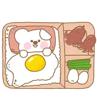 a cartoon illustration of a dog holding an egg in a bento box .