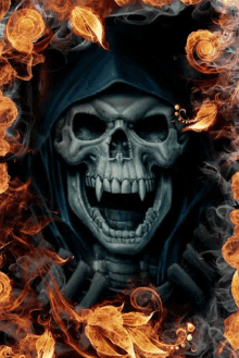 a grim reaper with a hood is surrounded by fire and smoke