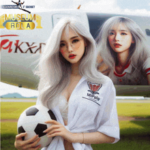 a woman with white hair is holding a soccer ball in front of a museum bola ad