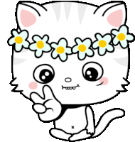 a black and white drawing of a cat wearing flowers on its head