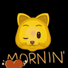 a picture of a yellow cat with the word mornin on it