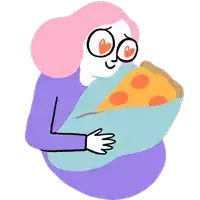 a cartoon drawing of a woman holding a large slice of pizza