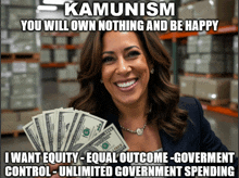 a woman is smiling while holding a bunch of money in front of a sign that says kamunism