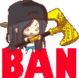 a girl in a baseball cap is holding a large axe in front of the word ban .